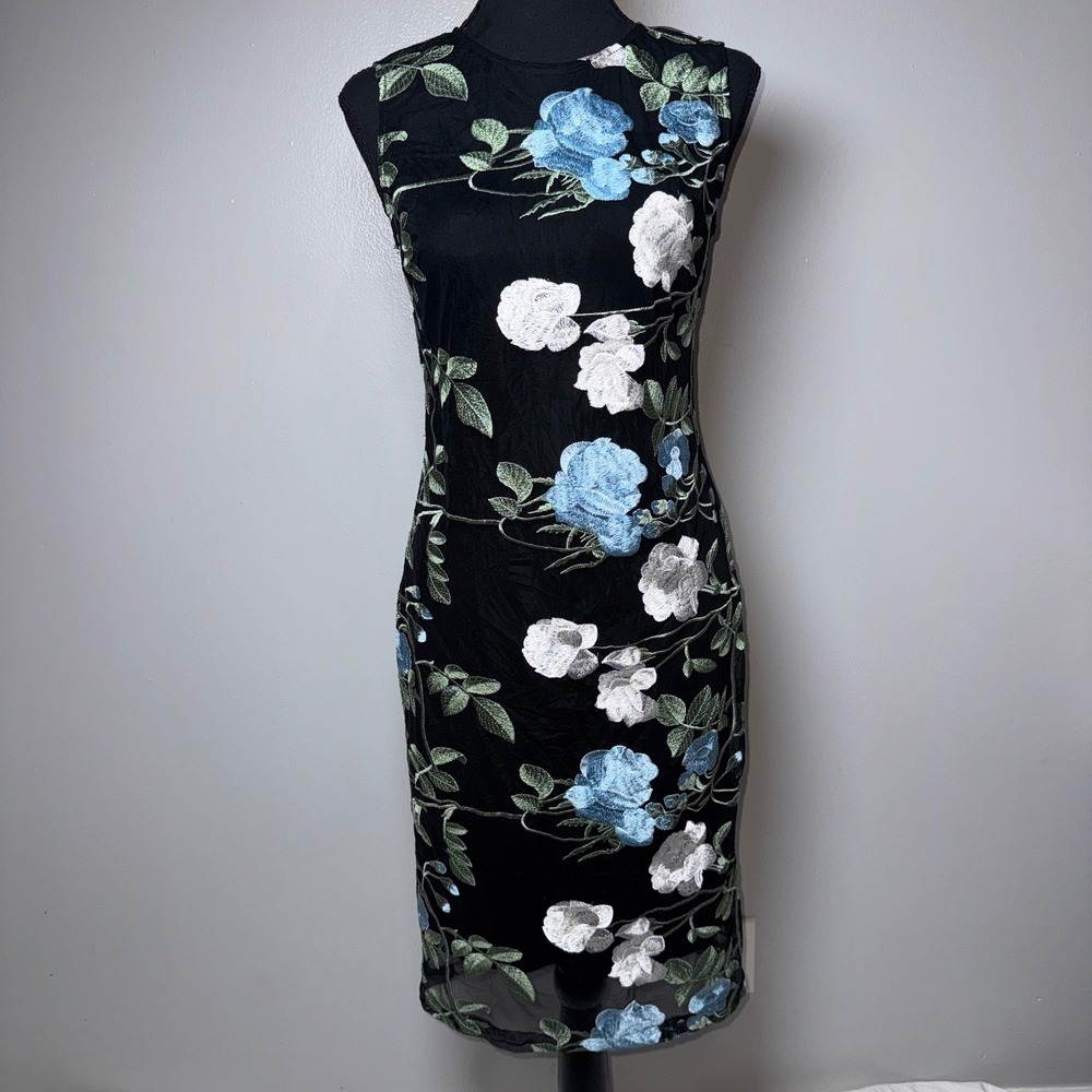 Calvin Klein Black Floral Embroidered Mesh Sheath Dress Blue White Size 2